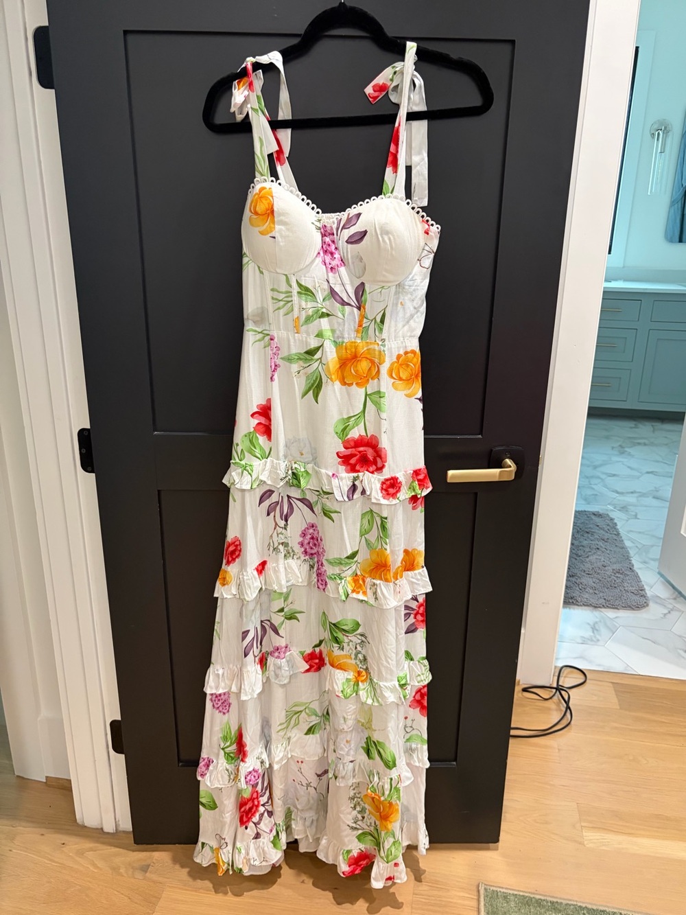 Main Strip White Maxi Dress with Red, Orange, Yellow & Green Floral Print